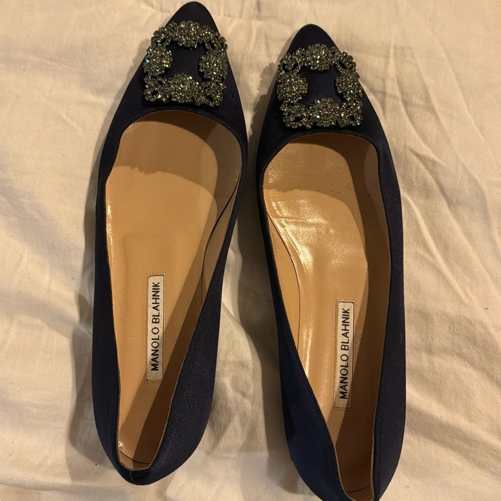 Beautiful Navy Jewelled Manolo Blahnik Flats